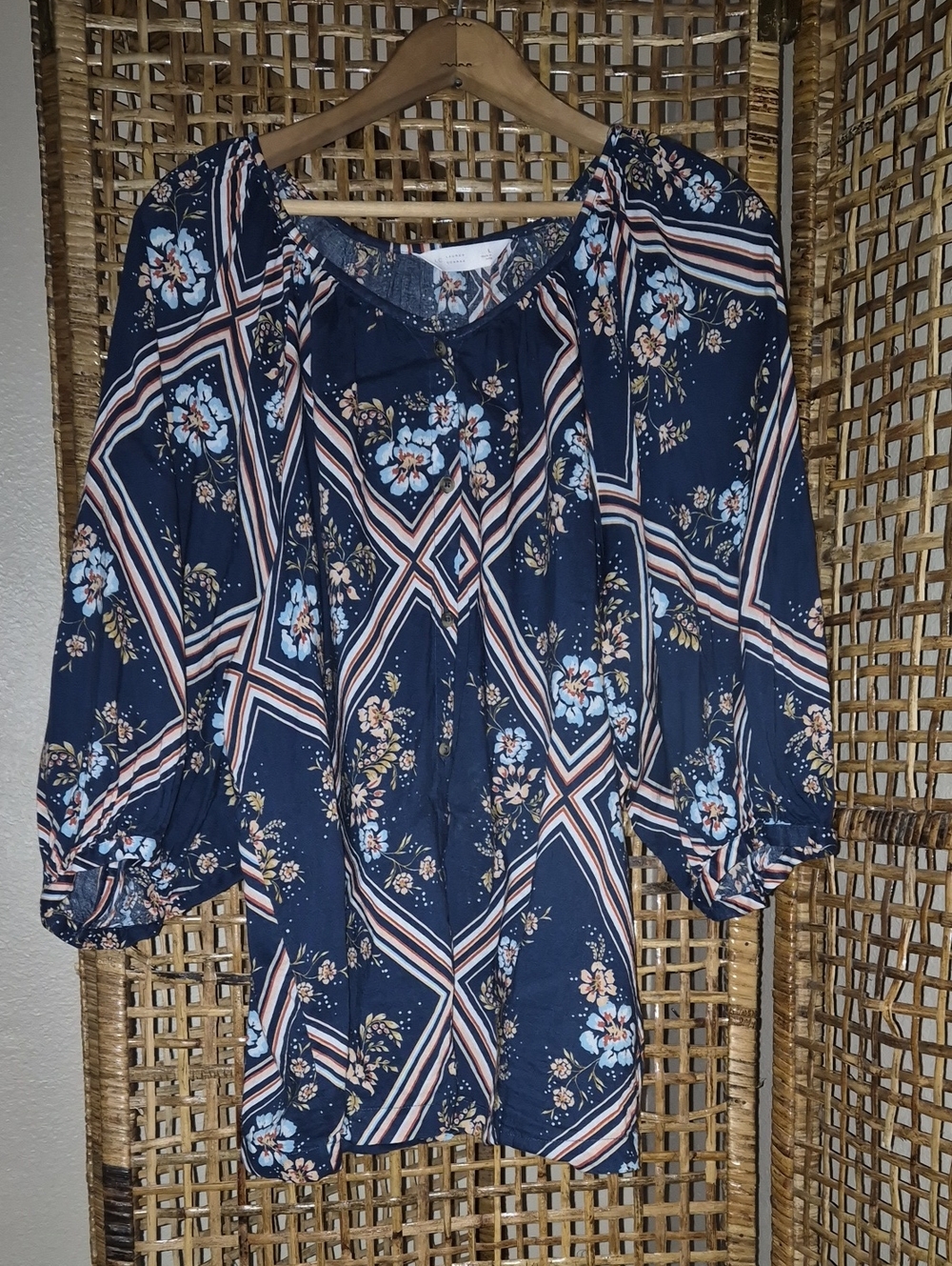 LC Lauren Conrad Navy Floral Geometric Peasant Blouse